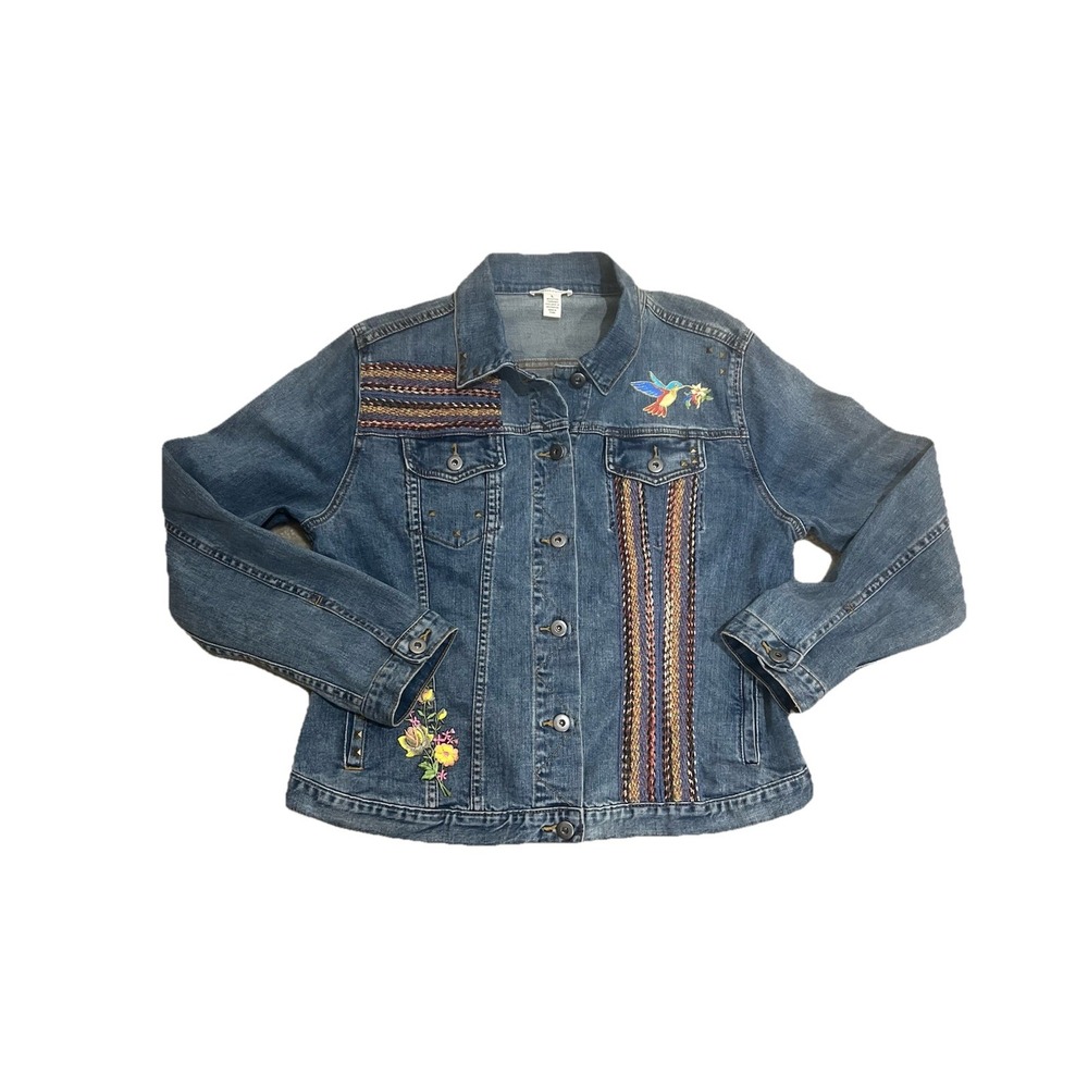 Denim Jacket L  Embroidered Flowers Bird Boho Hippie Travel‎ Fall Western Studs